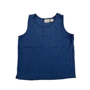 Basic Editions Womens VTG Y2K Blue Ribbed Henley Tank‎ Top Button Front Size XL